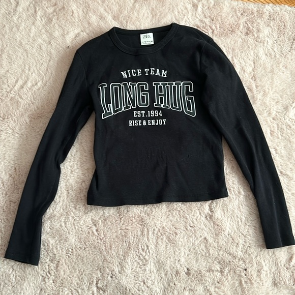 Zara Other - Zara Girls Black Ribbed Long Sleeve Graphic Top Size 13-14 Long Hug